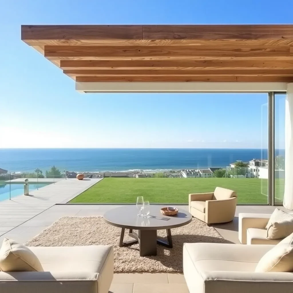 Salon avec vue sur la mer, comprenant un canapé blanc, deux fauteuils blancs, une table ronde, une cheminée, tapis beige, et un espace extérieur avec pelouse et piscine.