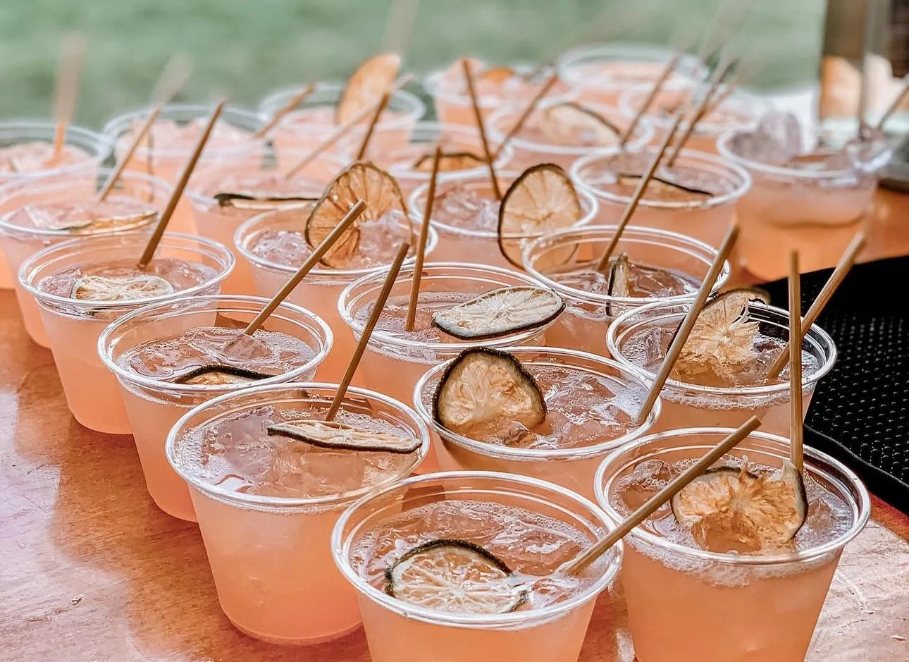 Garden to glass pink signature drinks with dehydrated lime garnish