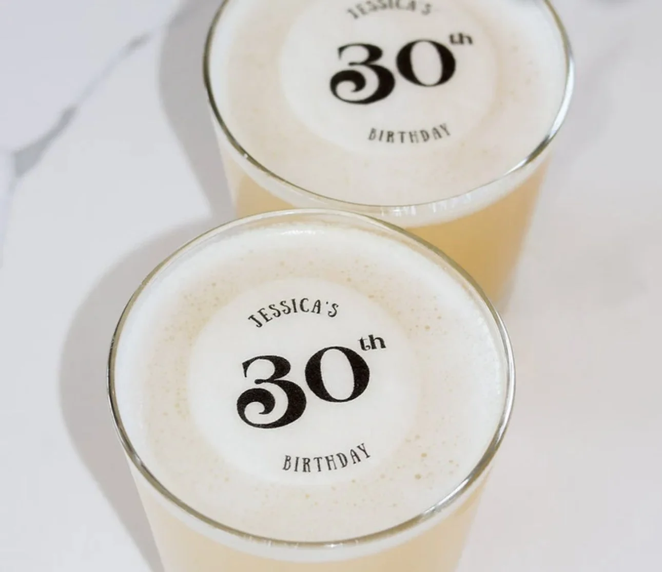Edible custom drink garnishes for a 30th birthday
