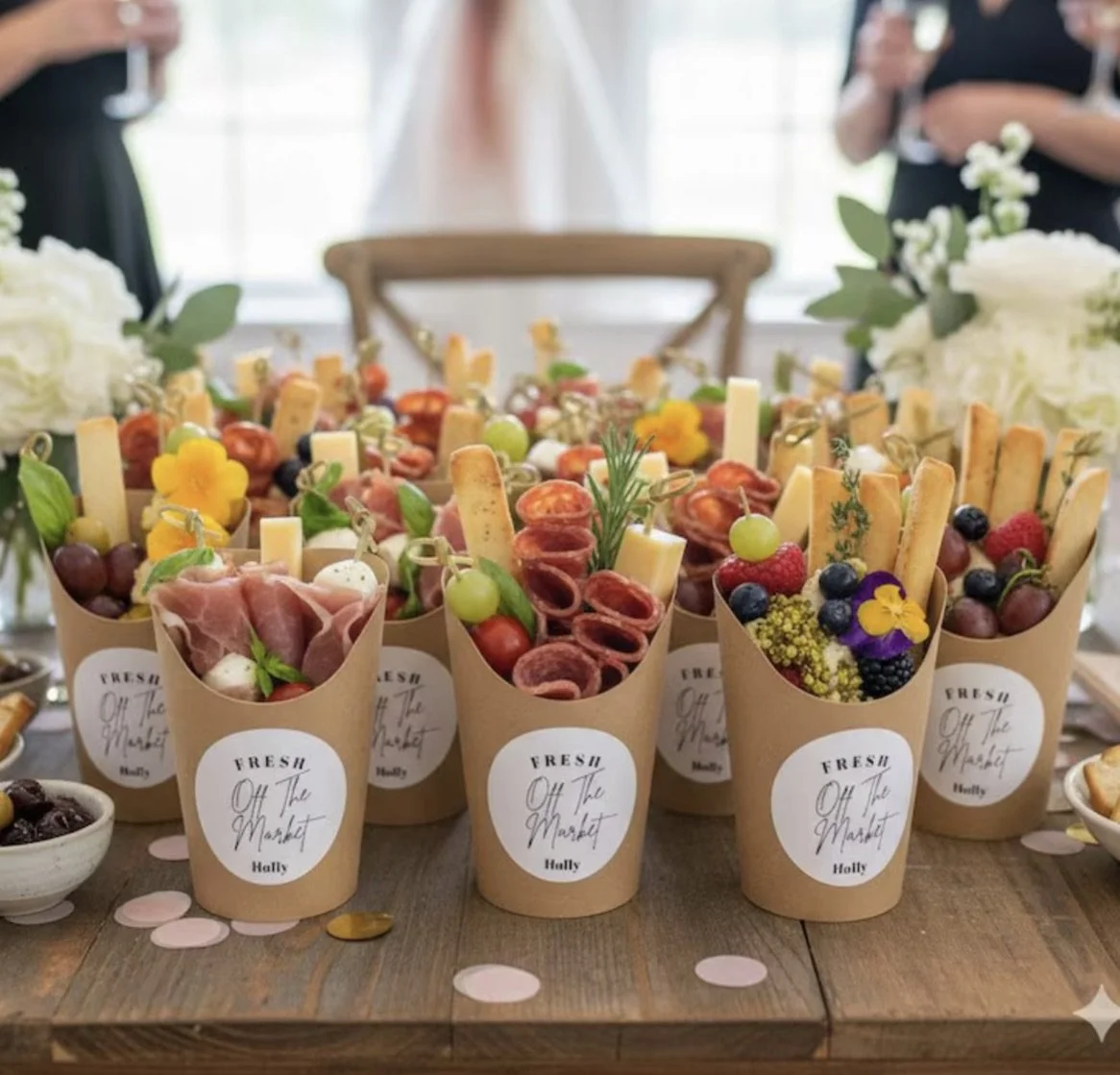 Charcuterie Cups with white sticker for Baby Shower or Wedding Shower special event favor. 