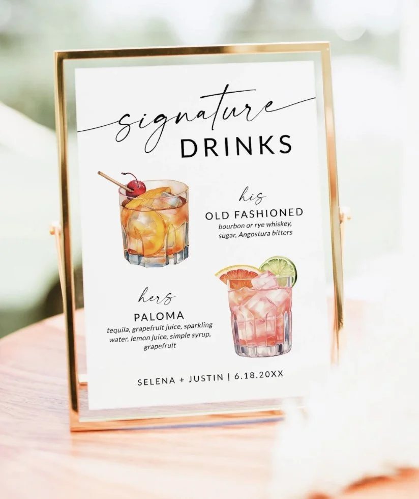 Custom bar signage featuring two signature drinks with illustrations of the craft beverages, including ingredients and the names of the cocktails and the event date.