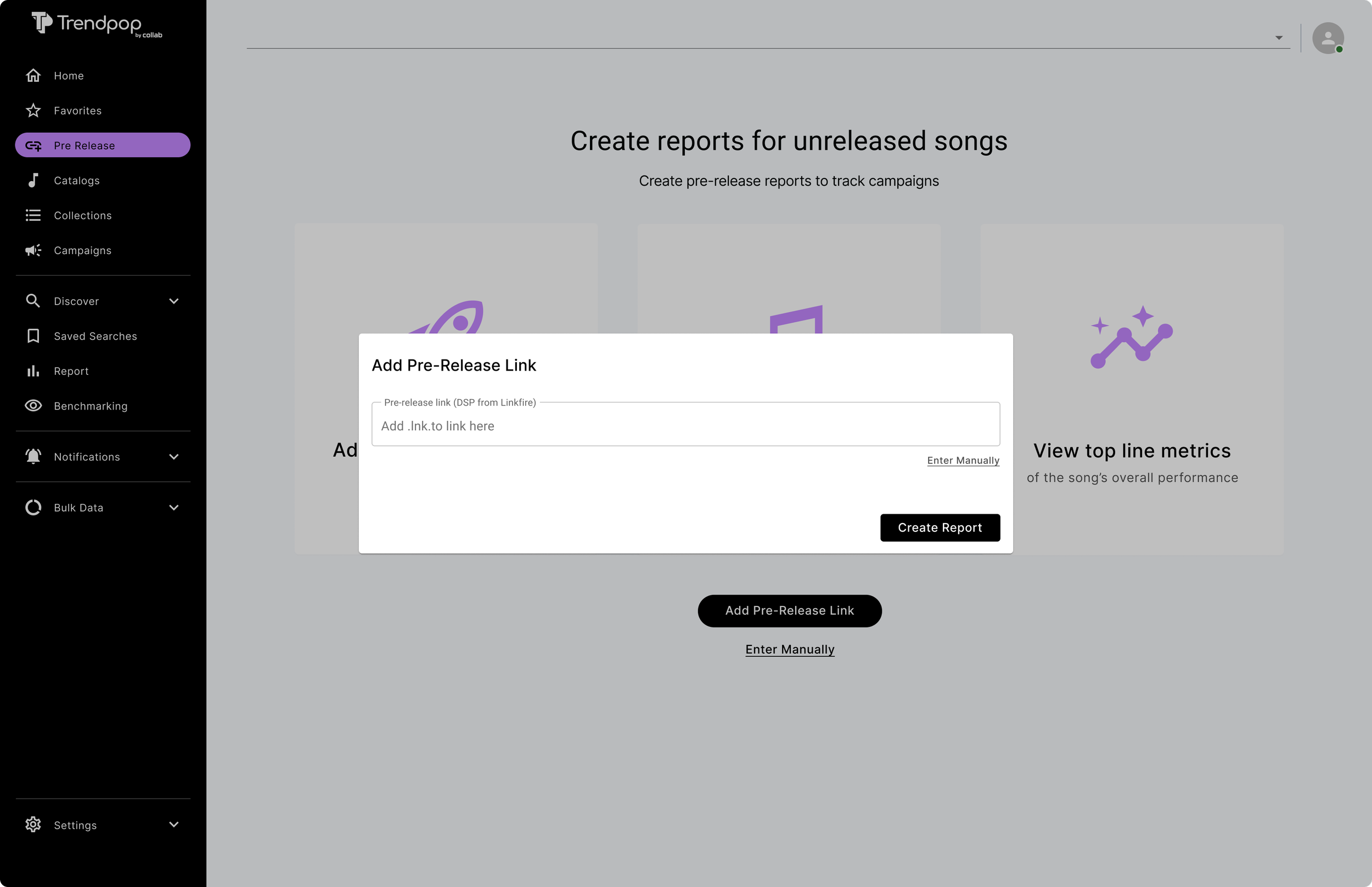 Screenshot of a music analytics platform with a pop-up window for adding a pre-release link, featuring options for manual entry and a 'Create Report' button, with navigation menu on the left and workspace in the background.