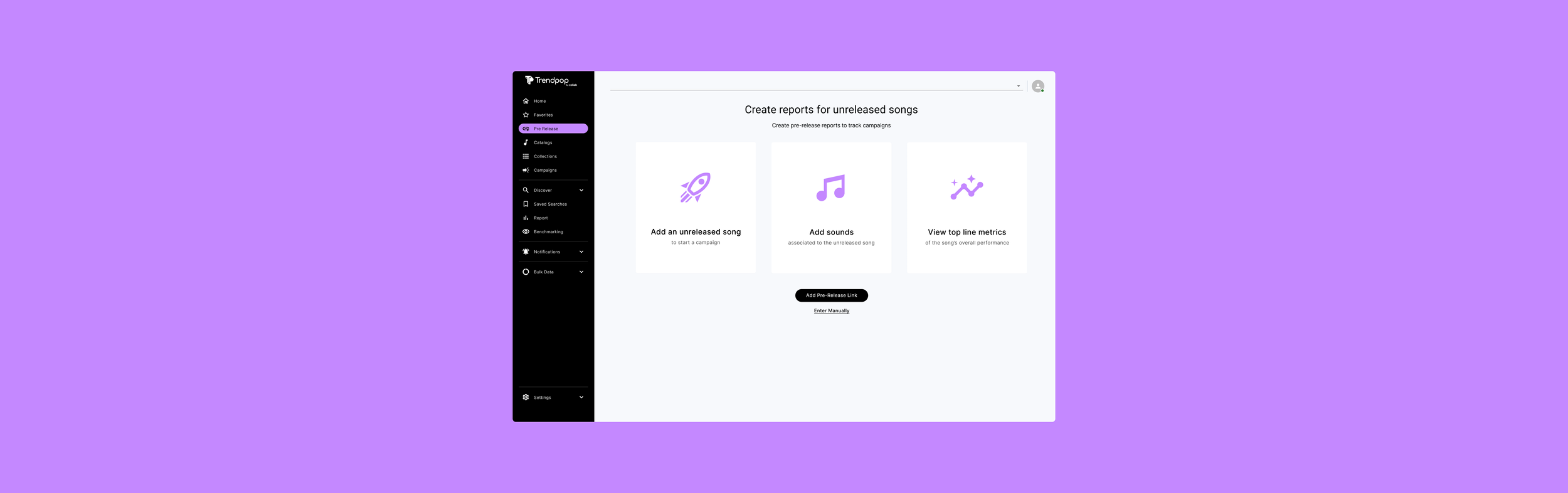 Screenshot of a software interface on a computer screen with a purple background, showing options to create reports for unreleased songs, with icons and text for adding an unreleased song, adding sounds, and viewing top line metrics.