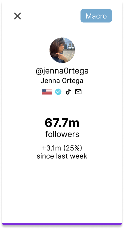 TikTok profile showing the username @jenna0rtga, Jenna Ortega, with profile picture of a woman with brown hair, American flag, verified badge, TikTok icon, and envelope icon. The profile has 67.7 million followers, an increase of 3.1 million (25%) since last week.