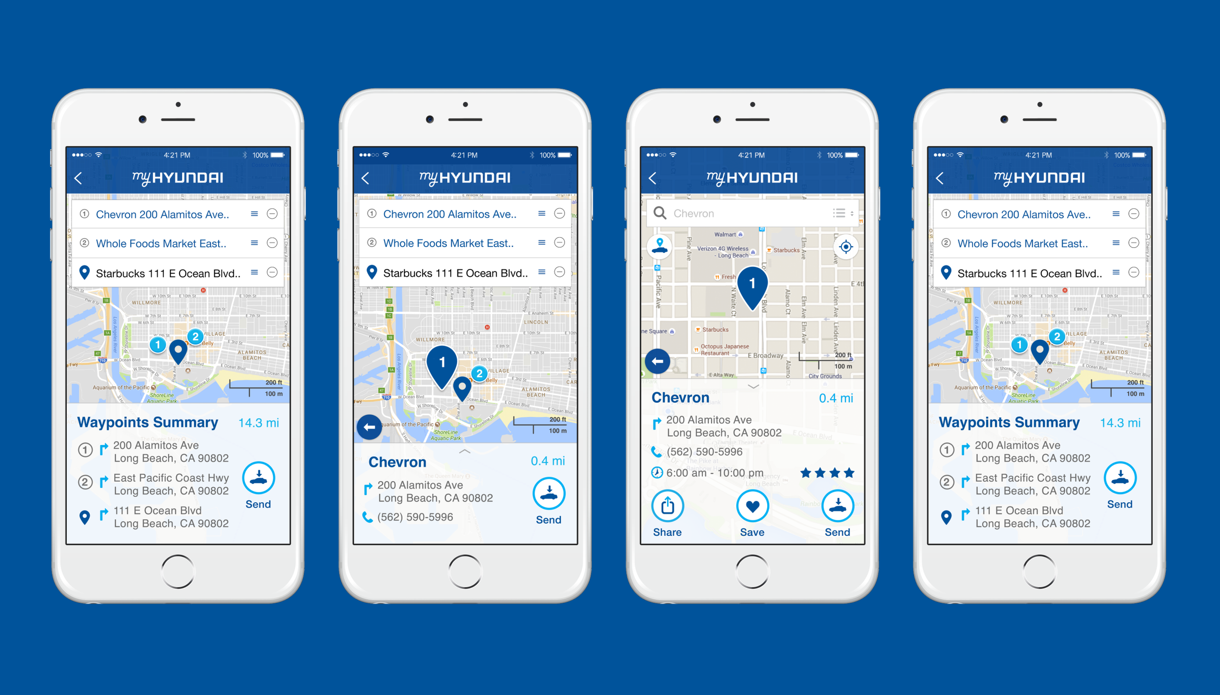 Four smartphone screens showing a map app highlighting a location and nearby waypoints, with options to share, save, or send information.
