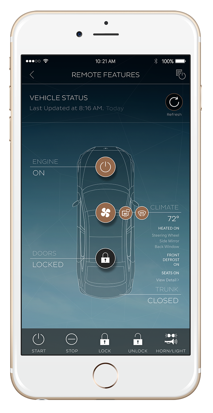 Smartphone screen displaying a vehicle remote control app with options for engine, climate, doors, seats, and trunk controls.