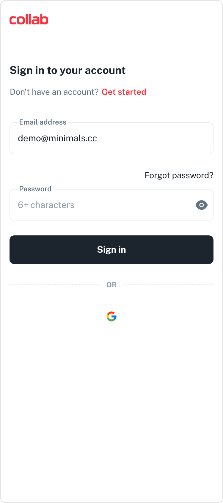 Login screen for Collab with fields for email and password, a sign-in button, and options to get started or sign in with Google.