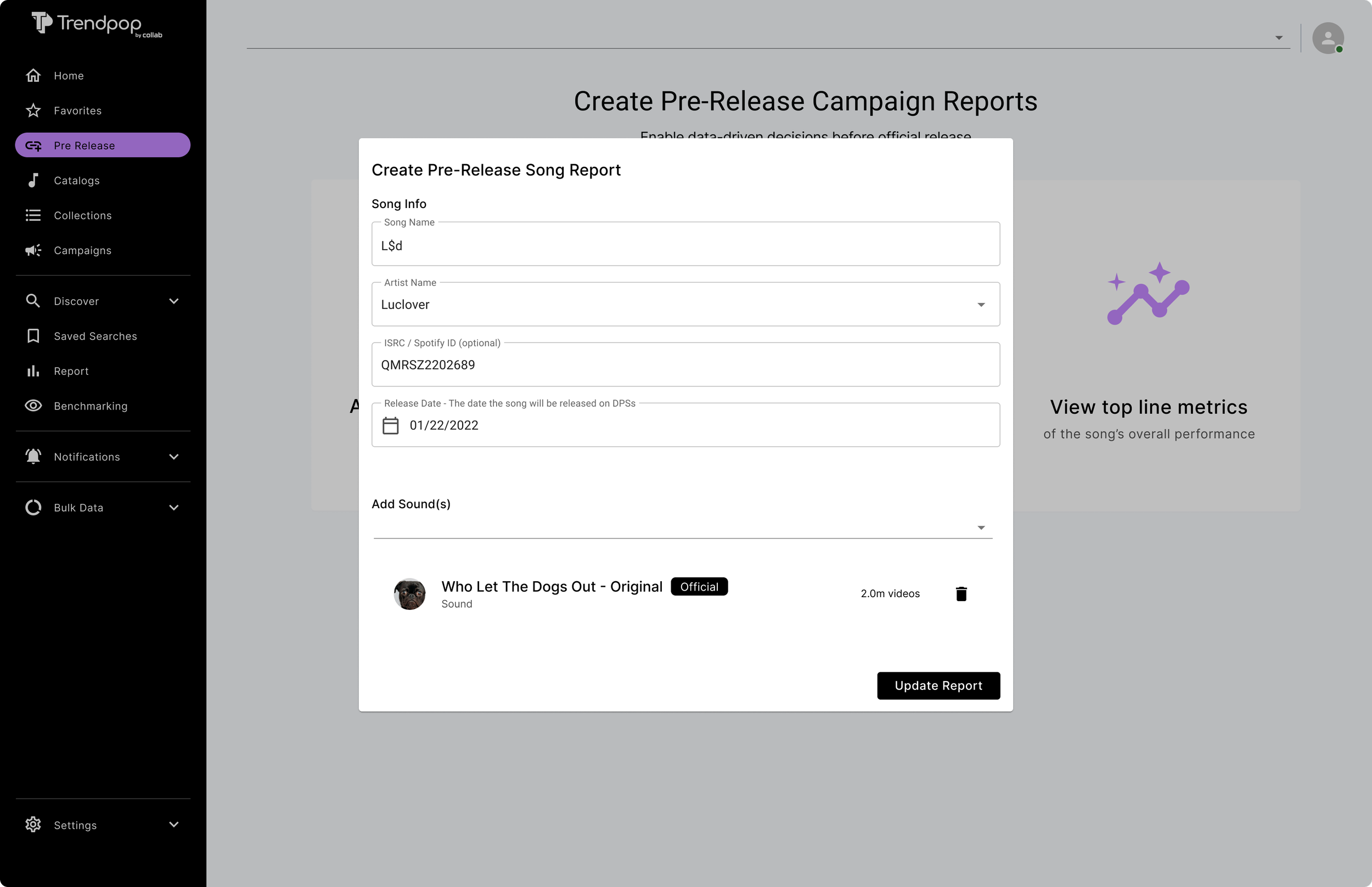 Screenshot of a music campaign reporting interface on Trendpop website, showing a form to create a pre-release song report with song details, release date, and uploaded sound, featuring a left sidebar menu and a main section with the form.