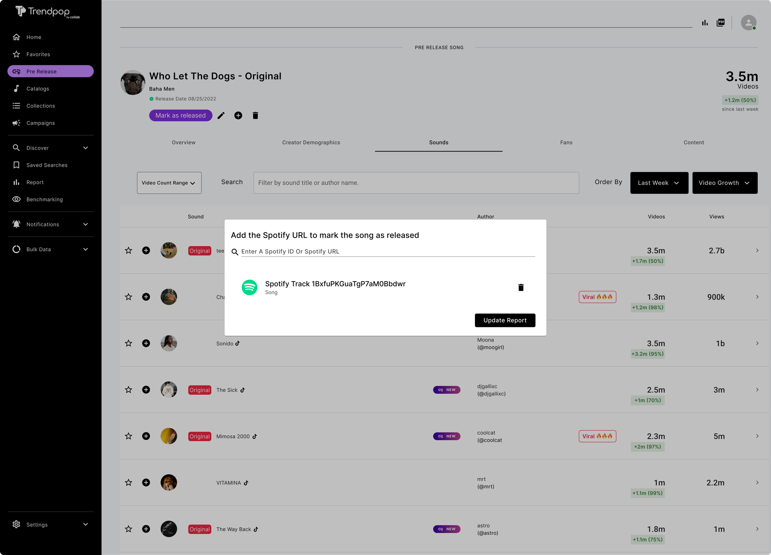 Screenshot of a music management dashboard on Trendpop showing the pre-release section for the song "Who Let The Dogs" by Baha Men, with options to mark as released, and an overlay to add a Spotify URL for tracking.