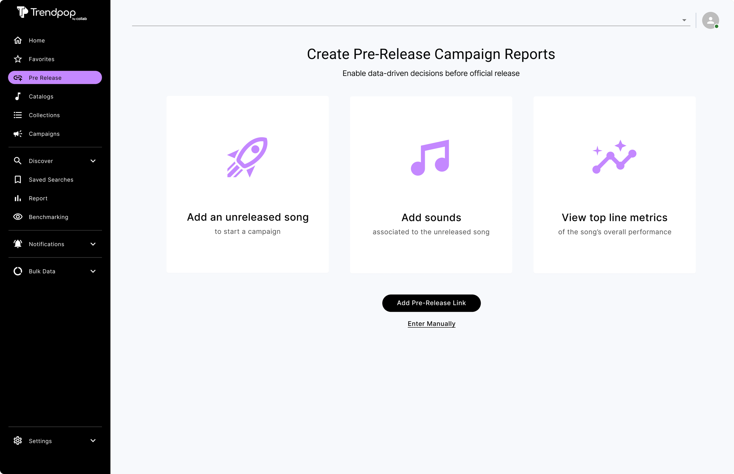 Screenshot of a website interface for creating pre-release campaign reports with options to add unreleased songs, sounds, and view top line metrics, featuring a sidebar menu with various options.