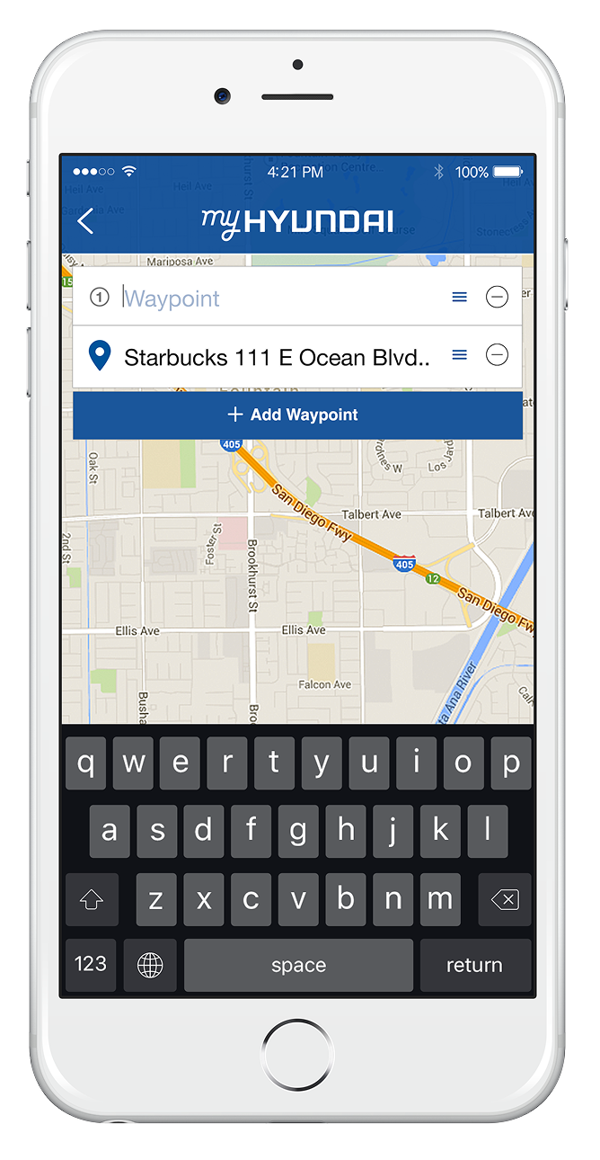 Screenshot of the myHYUNDAI app on a smartphone showing a map with a waypoint labeled as Starbucks at 111 E Ocean Blvd, with options to add more waypoints, and a keyboard at the bottom.