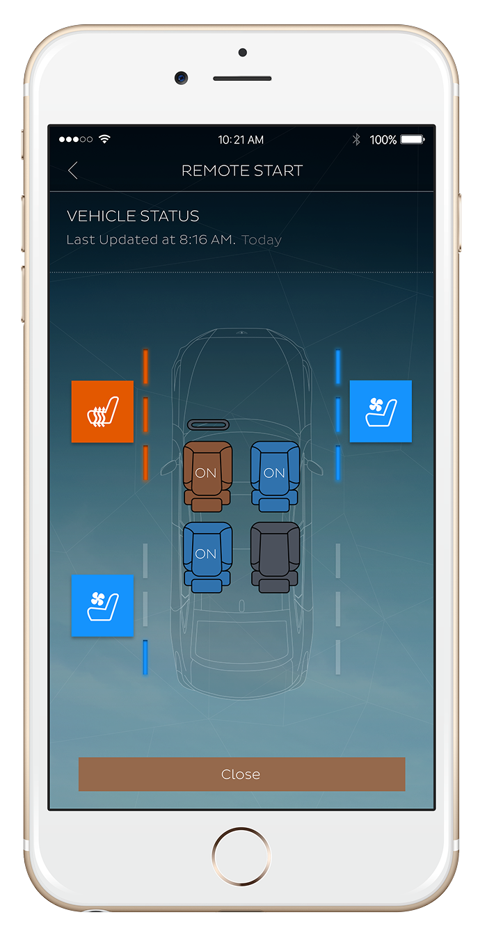 Smartphone screen displaying a vehicle remote start app with seat heating and cooling controls, a vehicle diagram with status indicators, and a "Close" button at the bottom.