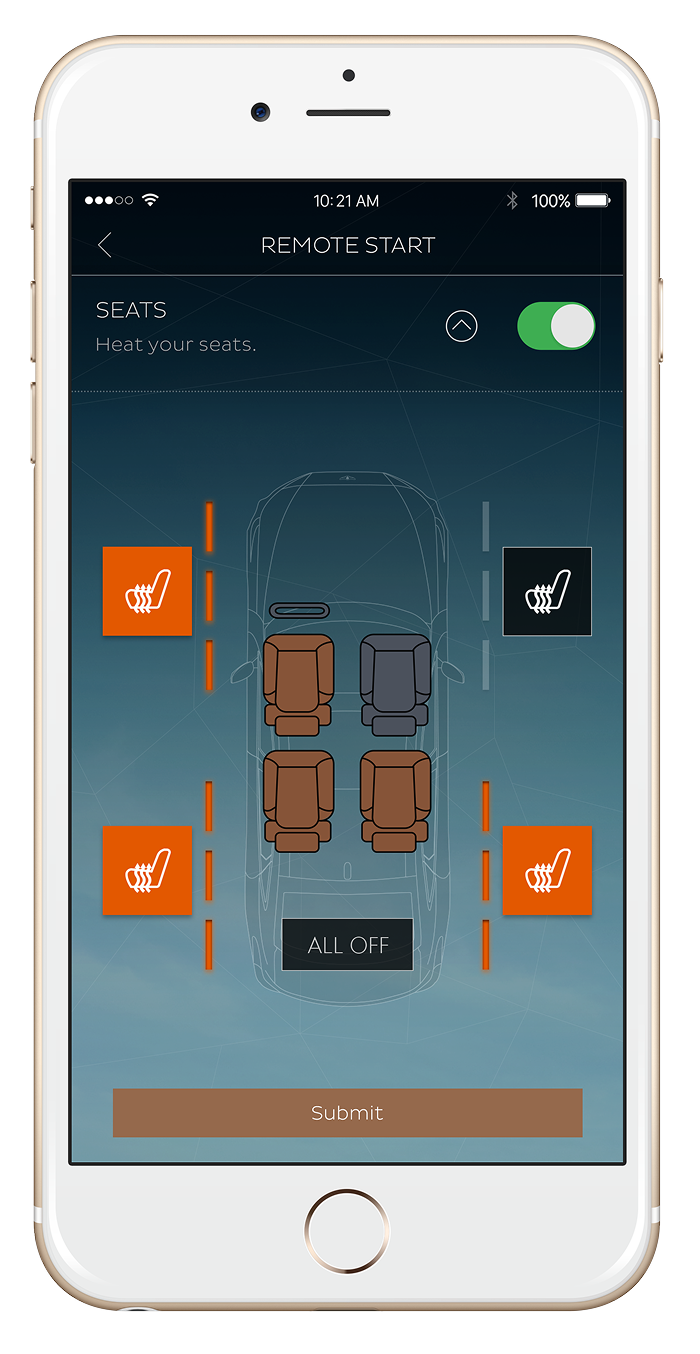 Mobile app interface for remote start of a vehicle's heated seats, showing options to heat individual seats or turn all off.