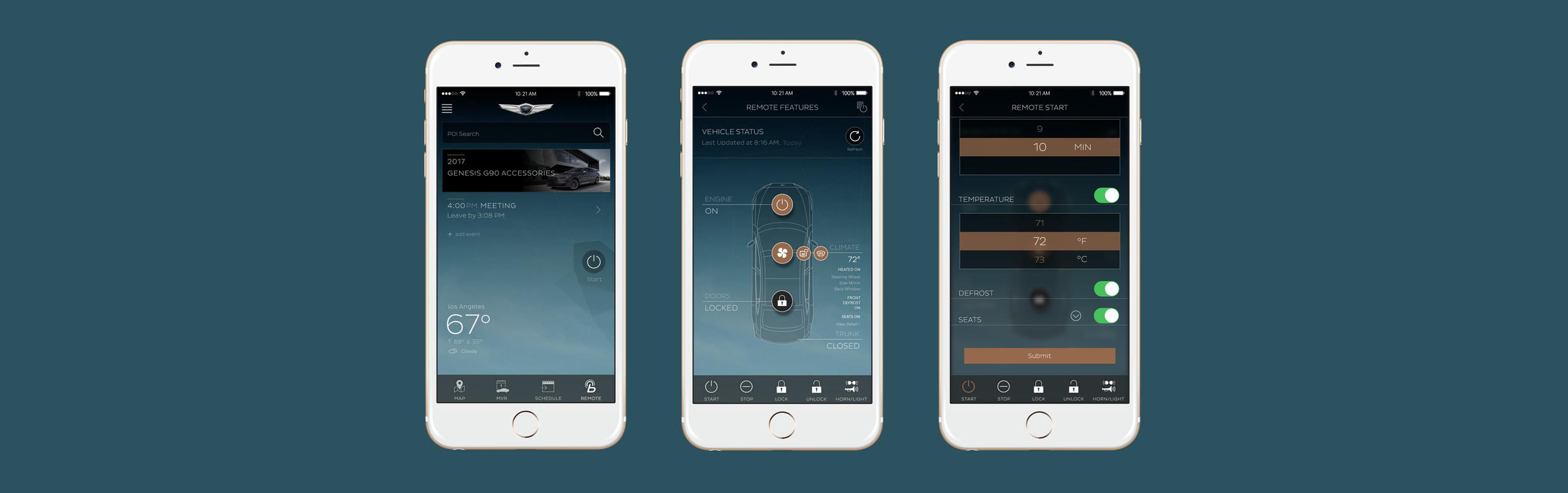 Three smartphone screens displaying a vehicle remote control app interface with features like vehicle status, climate control, and remote start.