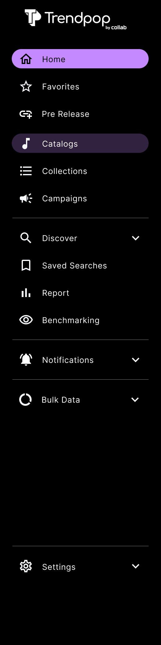 Screenshot of a mobile app menu titled 'Trendpop by collab' with options such as Home, Favorites, Pre Release, Catalogs, Collections, Campaigns, Discover, Saved Searches, Report, Benchmarking, Notifications, Bulk Data, and Settings.
