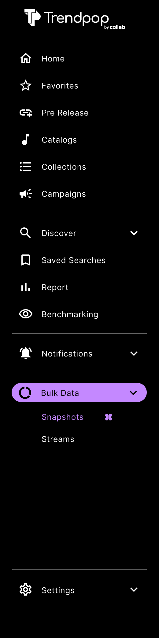 Screenshot of the Trendpop mobile app menu with sections for Home, Favorites, Pre Release, Catalogs, Collections, Campaigns, Discover, Saved Searches, Report, Benchmarking, Notifications, Bulk Data, Snapshots, Streams, and Settings.