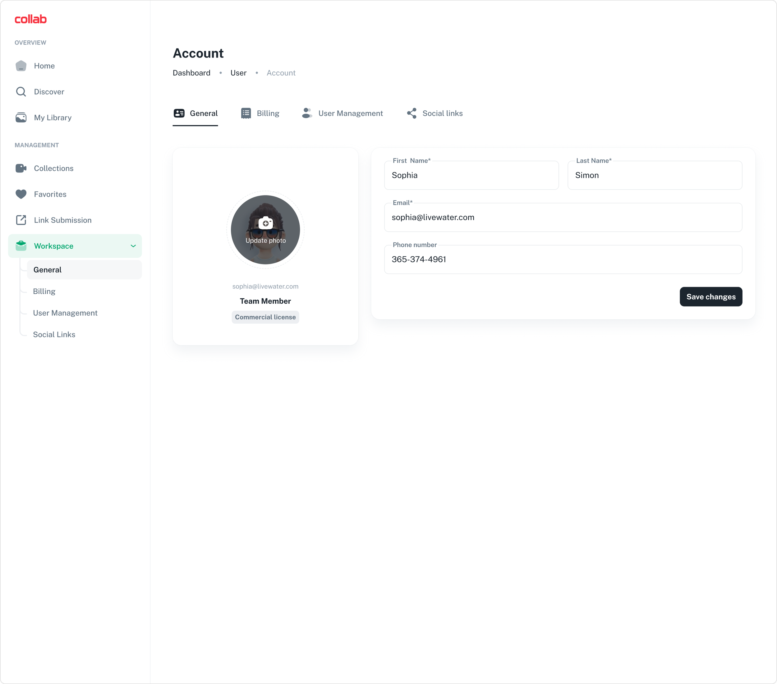 Screenshot of a user account settings page on a website, showing user details such as name, email, phone number, profile picture, and account type.