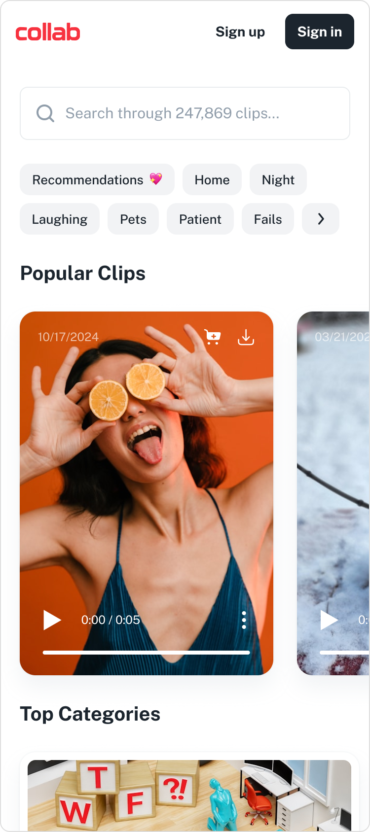 Screenshot of Collab video sharing platform with a woman making a playful expression, holding orange slices over her eyes, tongue out, in front of an orange background.