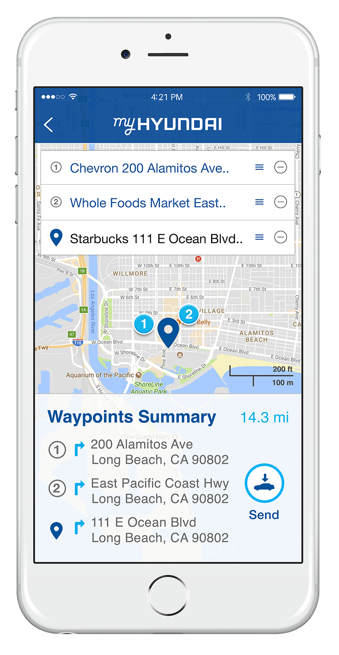 A smartphone displaying a navigation app with a map of Long Beach, California, showing three waypoints: 200 Alamitos Ave, Whole Foods Market East, and Starbucks at 111 E Ocean Blvd, with a Waypoints Summary section and a Send button.