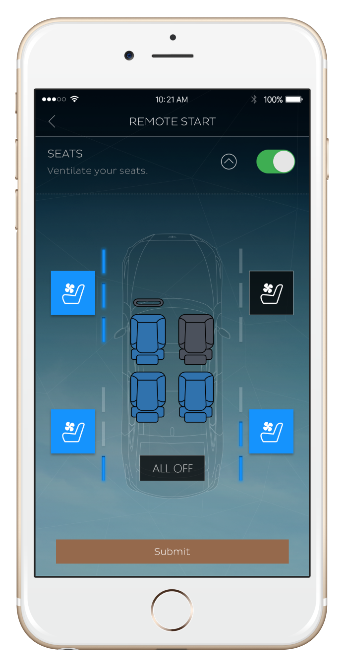 Mobile app screen for remote start of a car's seat ventilation system with options to turn on or off seat cooling on all four seats.