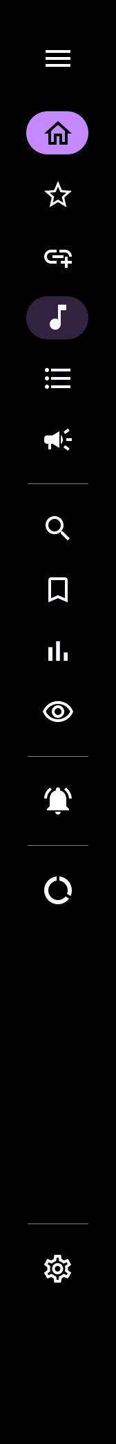 Vertical menu with icons for menu, home, favorites, connectivity, music, list, speaker, search, bookmark, stats, eye, alarm, and settings.