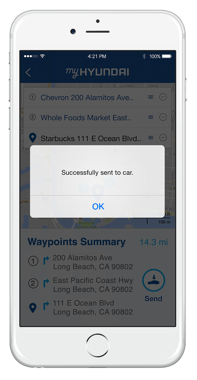 A smartphone screen displays a delivery app with a map and waypoint addresses. A pop-up message states, 'Successfully sent to car.'