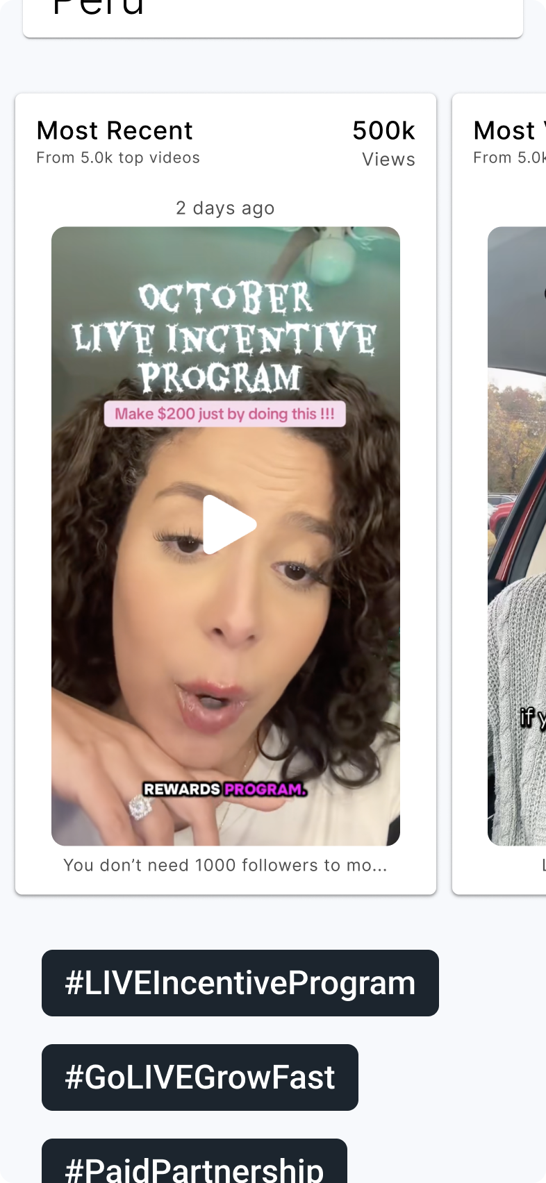 Screenshot of a social media video post promoting an October live incentive program, encouraging followers to earn $200 by participating. The video features a woman with curly brown hair speaking, with overlay text highlighting the program details and hashtags including #LIVEIncentiveProgram, #GoLIVEgrowFast, and #PaidPartnership.