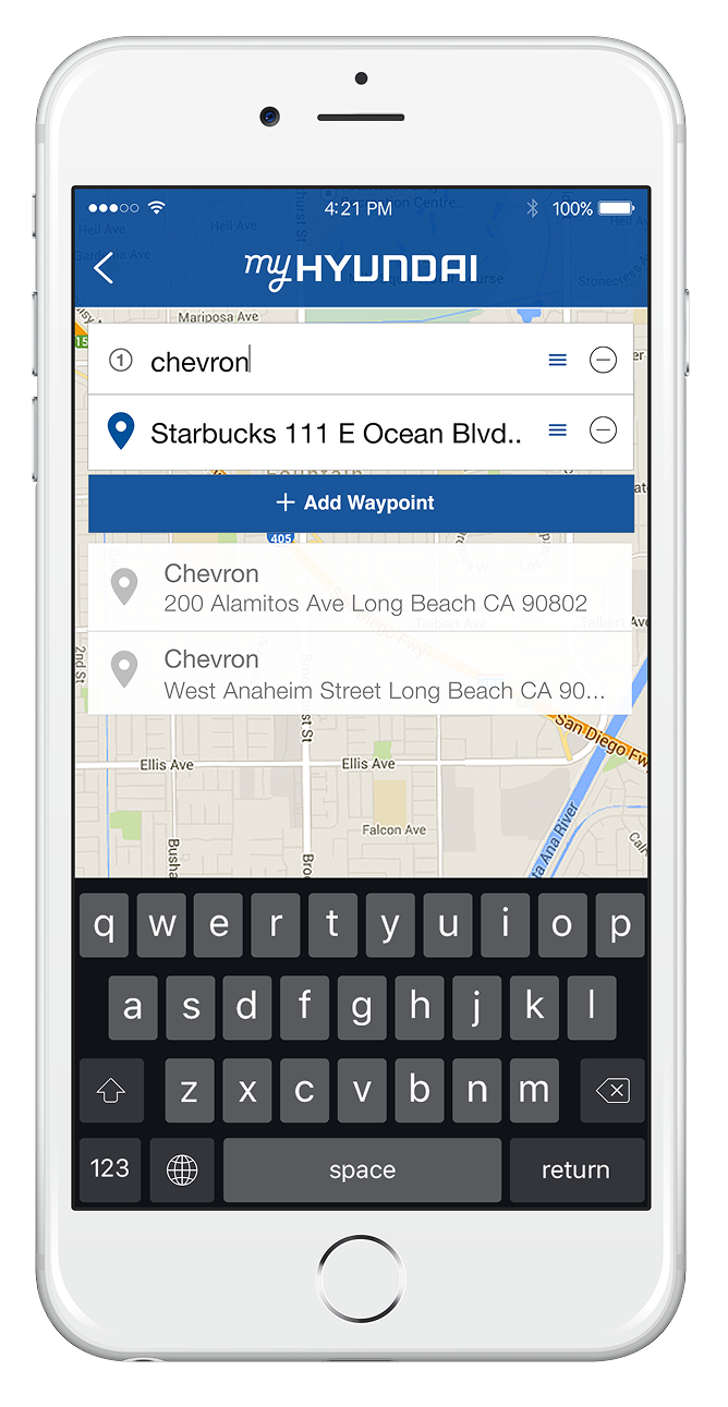 A smartphone screen showing a map with a Hyundai app. The user is searching for 'Chevron' and a location at 111 E Ocean Blvd, Long Beach, CA. The map displays nearby Chevron outlets.