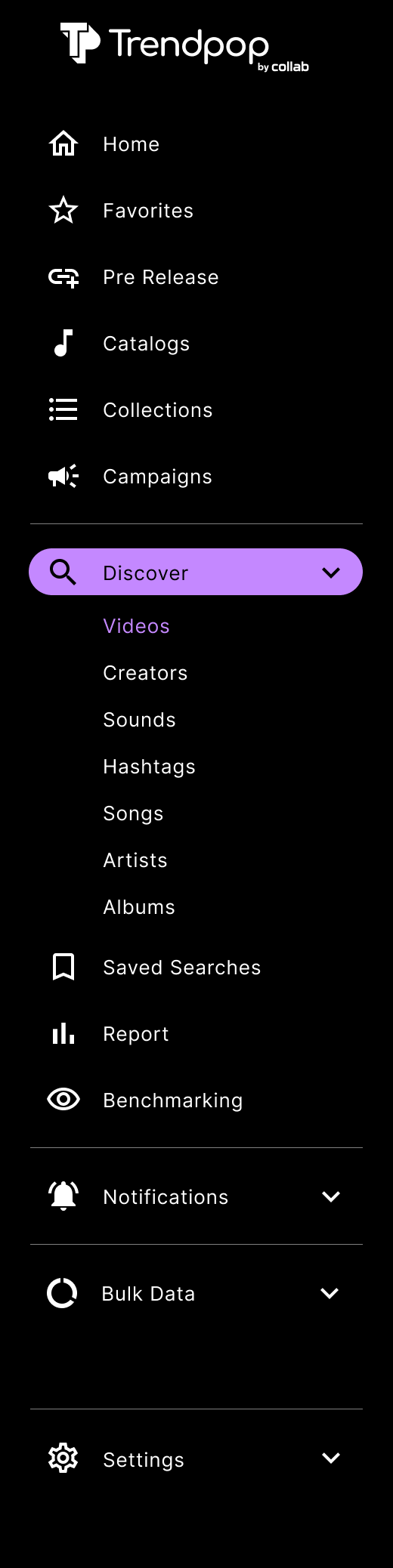 Mobile app menu with options such as Home, Favorites, Pre Release, Catalogs, Collections, Campaigns, Discover section with Videos, Creators, Sounds, Hashtags, Songs, Artists, Albums, Saved Searches, Report, Benchmarking, Notifications, Bulk Data, and Settings.
