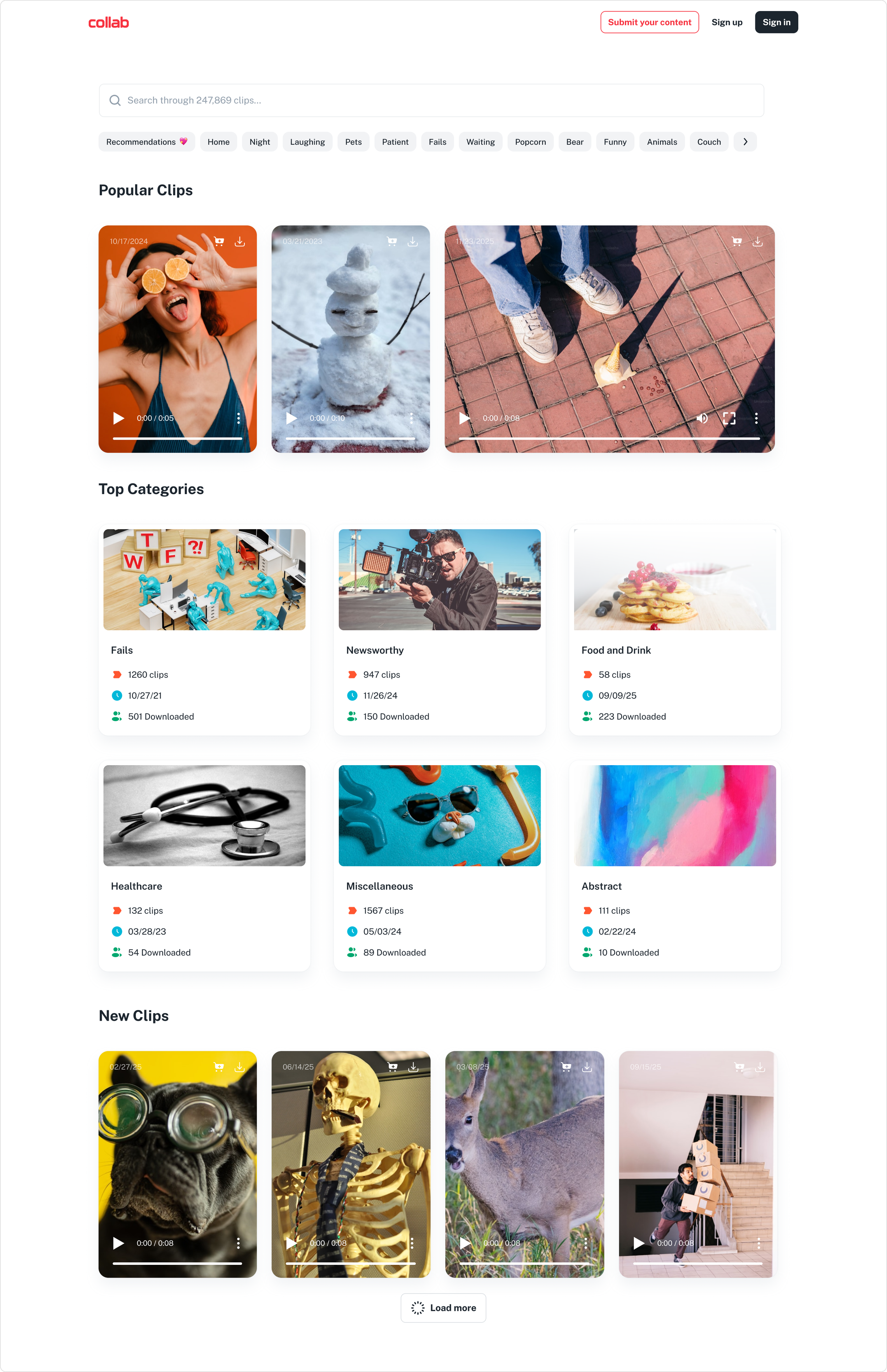 Screenshot of the Collab video library homepage with popular clips and categories. The page features a search bar, buttons for submitting content, signing up, and signing in. The popular clips include a woman holding oranges near her eyes, a snowman, and a person with a waffle cone on the ground. Categories include Fails, Newsworthy, Food and Drink, Healthcare, Miscellaneous, and Abstract. New clips are displayed at the bottom, including a bulldog wearing goggles, a skeleton, a deer, and a person stacking boxes.