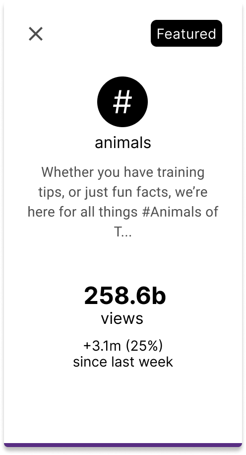 Screen displaying views count of 258.6 billion for a social media page about animals, with a 25% increase since last week.