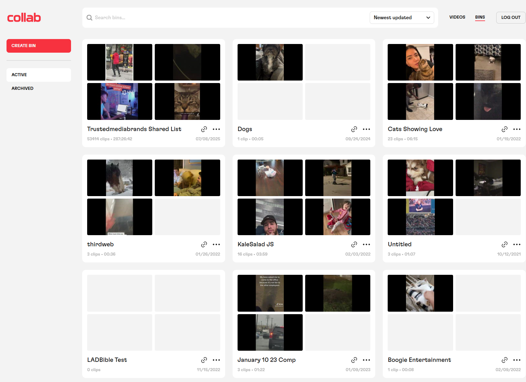 Screenshot of a video sharing platform with various video thumbnails, titles, and upload dates, including folders labeled 'Trustedmediabrands Shared List,' 'Dogs,' 'Cats Showing Love,' and others.