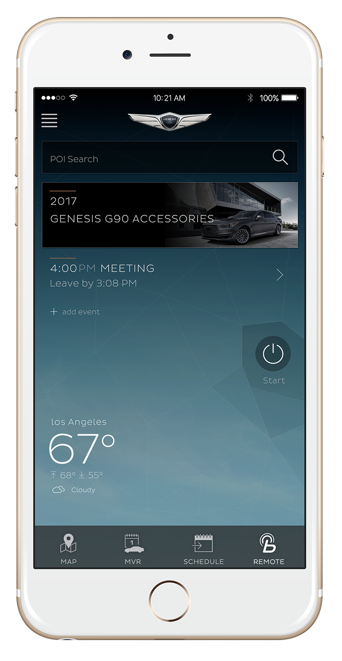 Smartphone screen displaying a Genesis vehicle app with options for POI search, accessories, schedule, and remote start; weather forecast for Los Angeles, 67°F, cloudy; event scheduled at 4:00 PM; Genesis logo at the top.