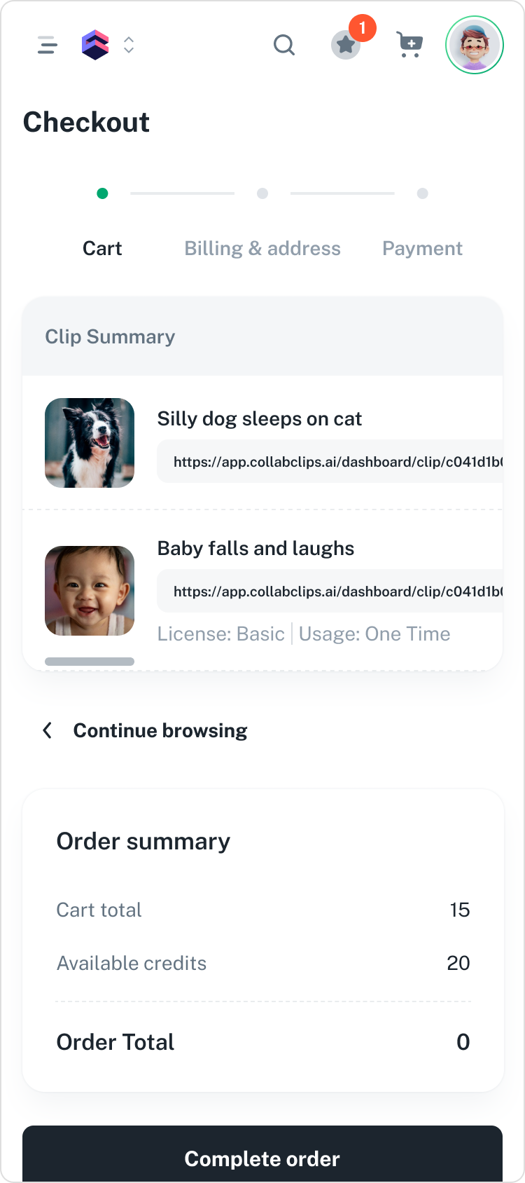 A screenshot of a checkout page from an online shopping app showing a cart with two video clips: one of a dog sleeping on a cat, and another of a baby falling and laughing.