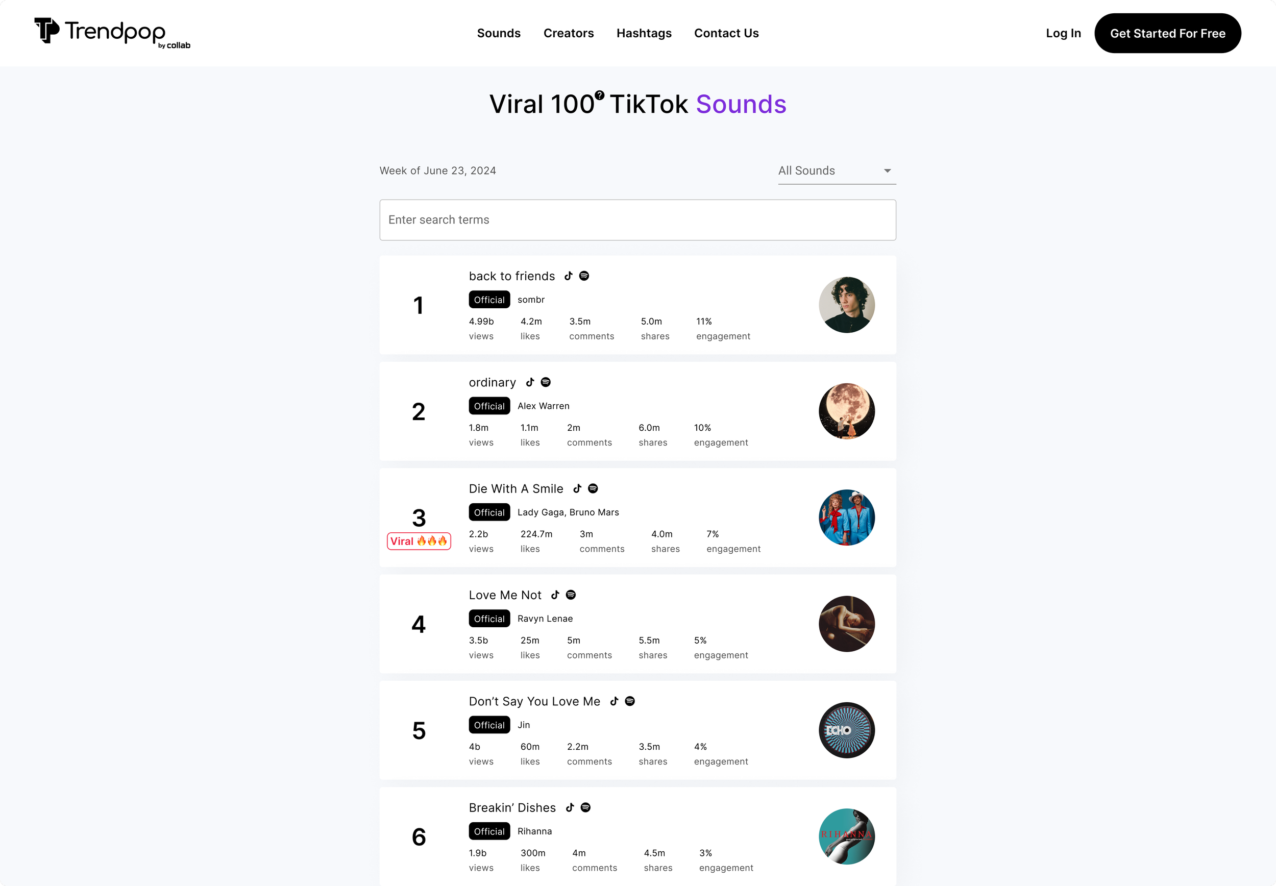 Screenshot of Trendpop webpage displaying the weekly top TikTok sounds for June 23, 2024. The list features the top six viral sounds with their titles, creators, view counts, likes, comments, shares, engagement percentages, and small profile images.