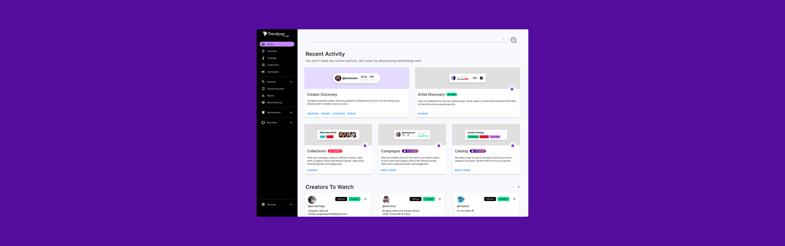Screenshot of a digital dashboard for Trendpop, showing sections for recent activity, creator and artist discovery, collections, campaigns, and creators to watch, with a black sidebar menu on the left and a purple background.