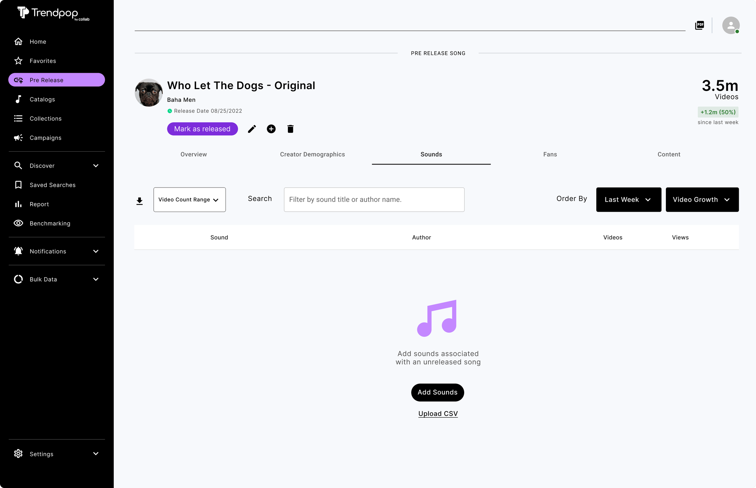 Screenshot of a music content management platform showing the song "Who Let The Dogs - Original" by Baha Men, with an upload date of August 25, 2022. The interface includes options to mark as released, edit, delete, add sounds, and upload CSV files. It displays 3.5 million videos, with a 50% increase since last week, and a purple musical note icon indicating no added sounds yet.