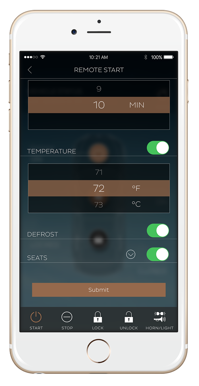 Smartphone screen displaying a remote start app interface with options for timer, temperature, defrost, and seat settings, and control buttons including start, stop, lock, unlock, and horn/light.