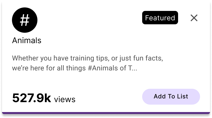 Screenshot of a TikTok hashtag page for #Animals, showing 527.9k views and an 'Add To List' button.