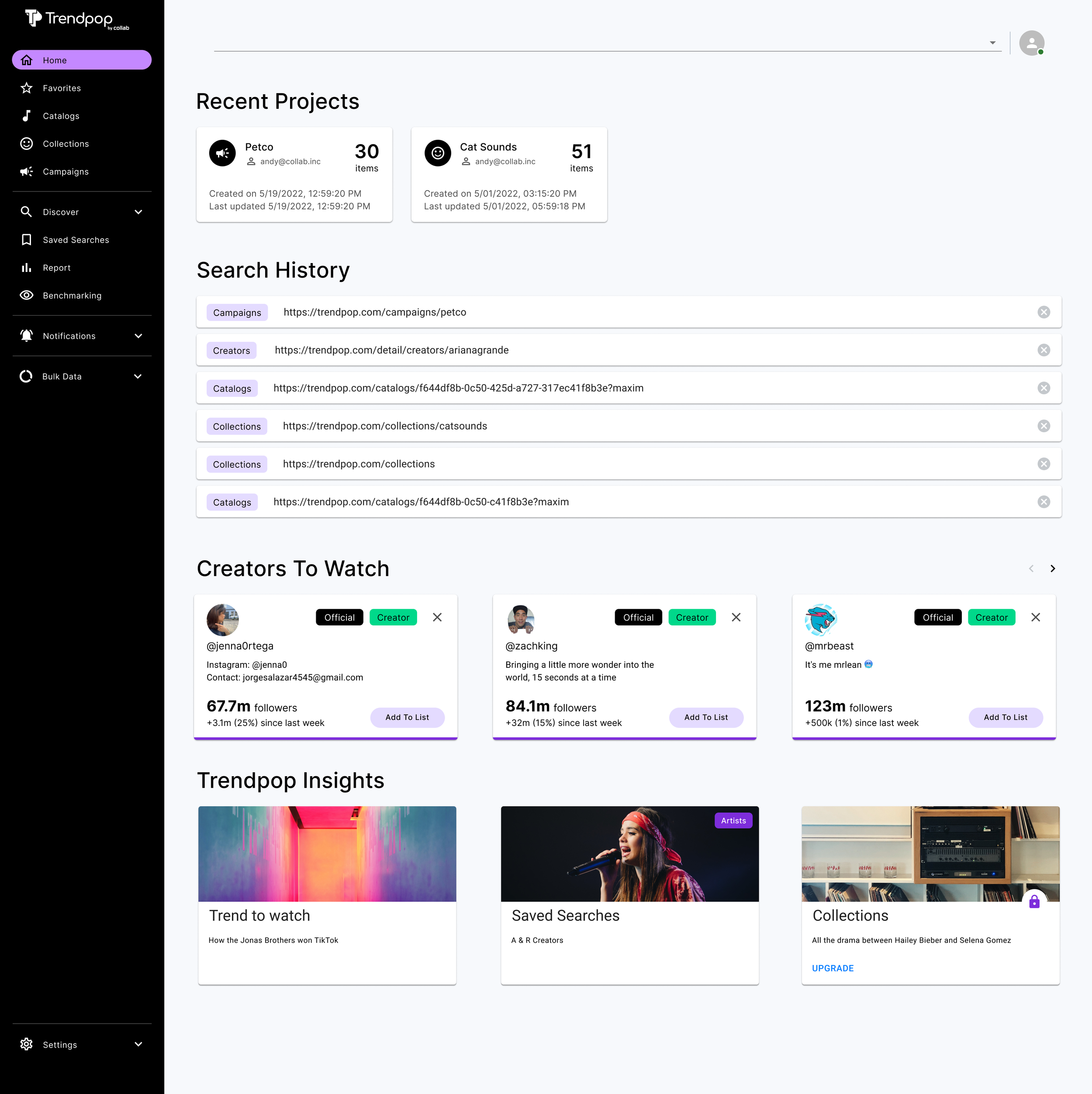 Screenshot of a web dashboard titled 'Trendpop by collab' displaying recent projects, search history, creators to watch, and trendpop insights with various links and statistics.