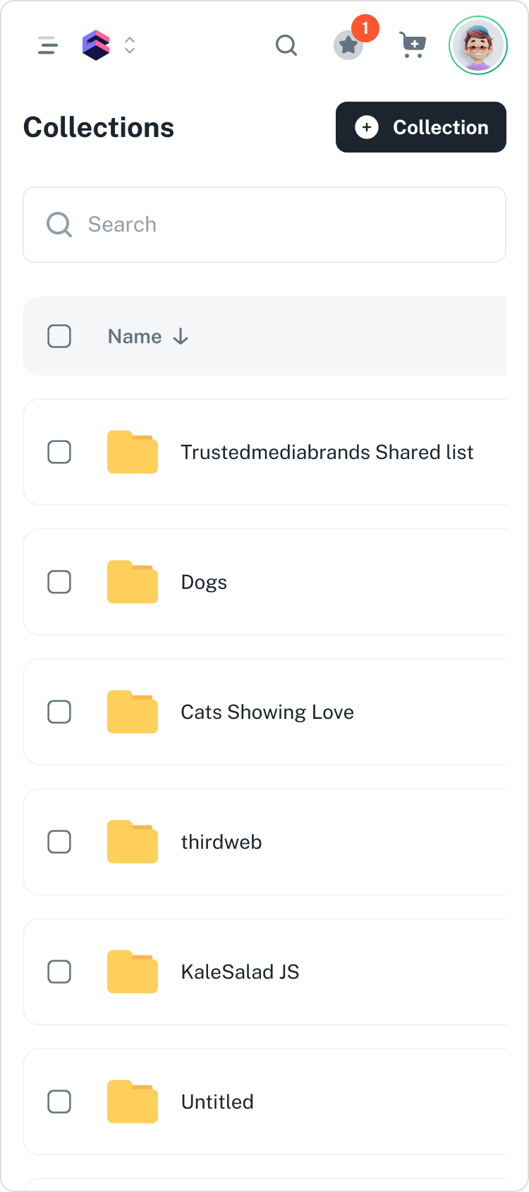 Screenshot of a digital file storage interface with folders named 'Trustedmediabrands Shared list,' 'Dogs,' 'Cats Showing Love,' 'thirdweb,' 'KaleSalad JS,' and 'Untitled.'