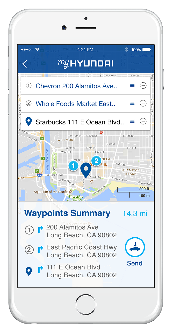 Mobile phone screen displaying a navigation app titled 'myHYUNDAI' with waypoints around Long Beach, California, including Chevron, Whole Foods Market, and Starbucks, alongside a map and waypoint details.