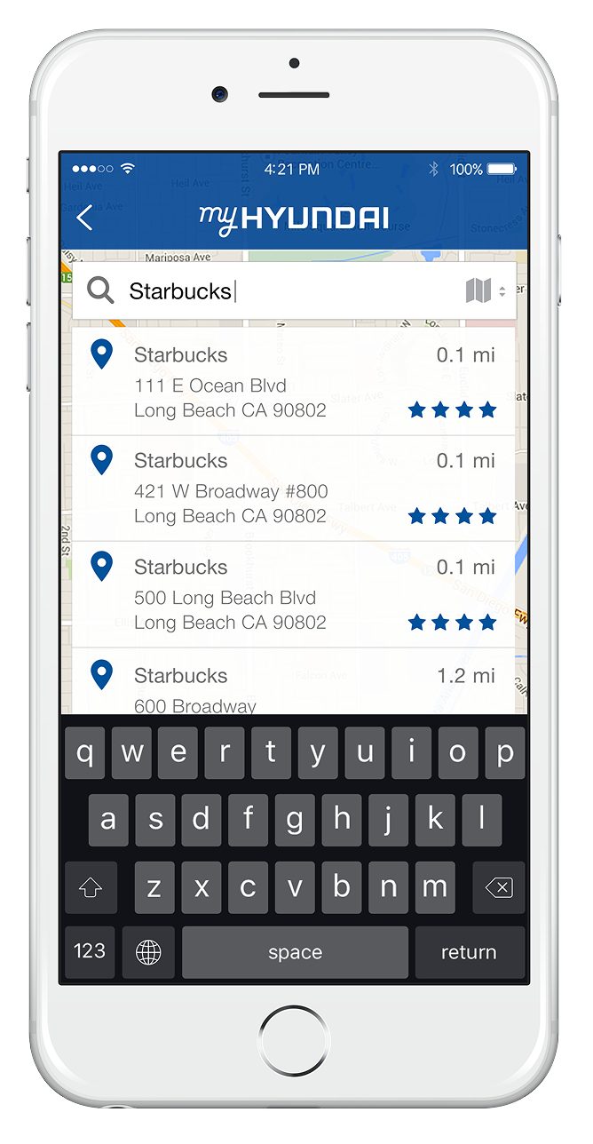 A smartphone screen displaying a map app with a search for 'Starbucks' showing multiple nearby locations listed, each with address and distance, in Long Beach, California.