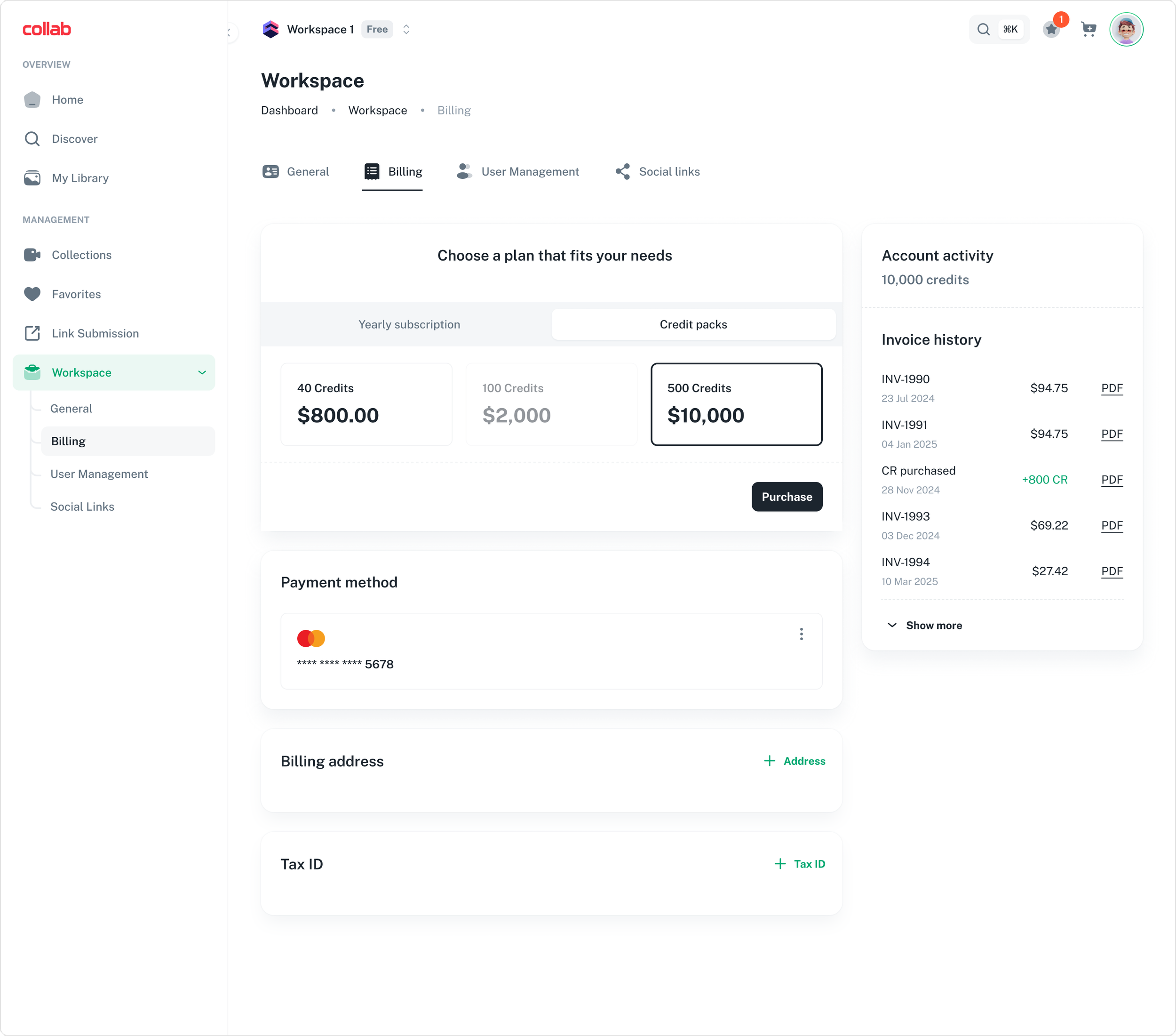 Screenshot of a workspace billing page showing plans with credit options, payment method, billing address, and invoice history.