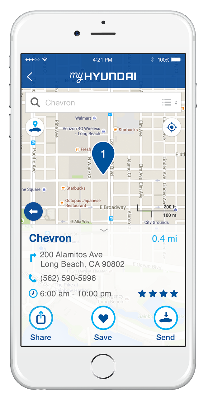 A smartphone displaying a map and contact details for a Chevron gas station in Long Beach, California.