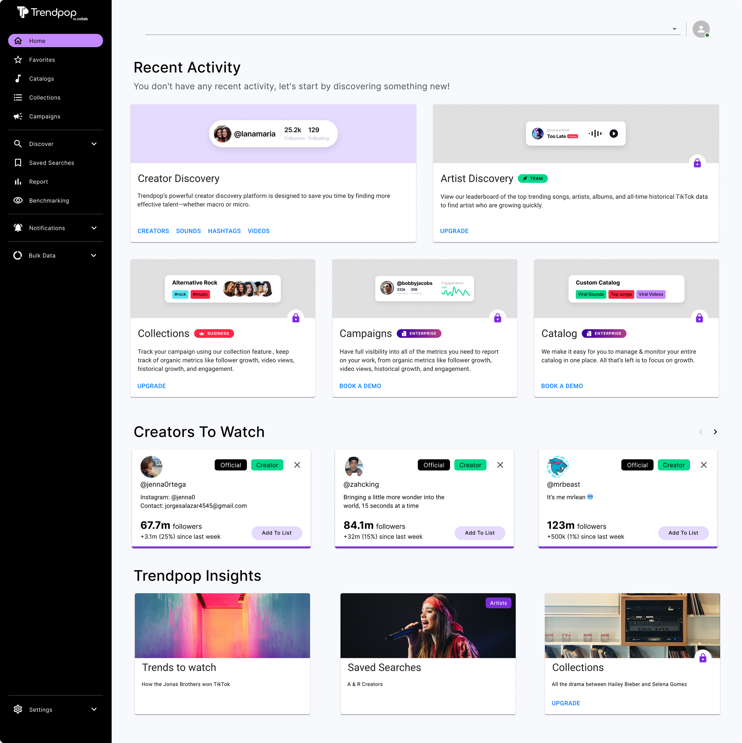 Screenshot of Trendpop dashboard showing recently activity, creator and artist discovery, collections, campaigns, creators to watch, and trend insights sections.