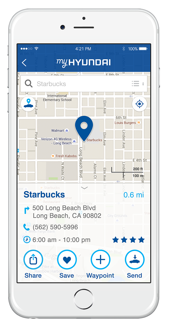 Mobile app screen showing a map with a Starbucks location in Long Beach, California, including address, phone number, hours, and options to share, save, set a waypoint, or send.