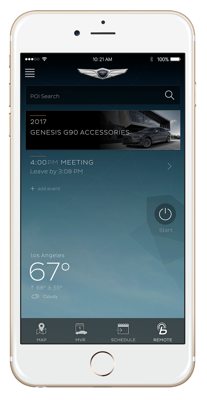 Smartphone screen showing a Genesis vehicle custom controller app with options for POI search, Genesis G90 accessories, scheduled meeting, weather in Los Angeles, and navigation icons.
