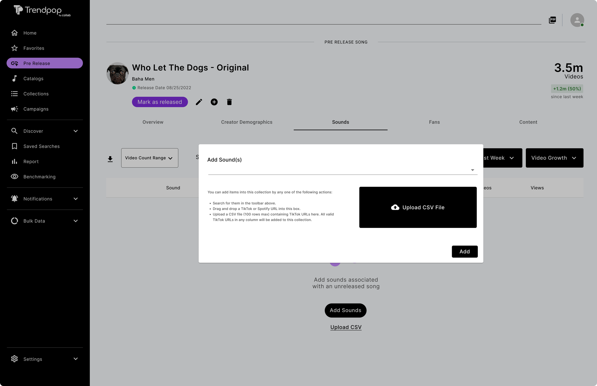 Screenshot of a music content management platform showing the song "Who Let The Dogs - Original" by Baha Men, with options to add sounds via CSV upload or search, and indicating 3.5 million videos related to the song.