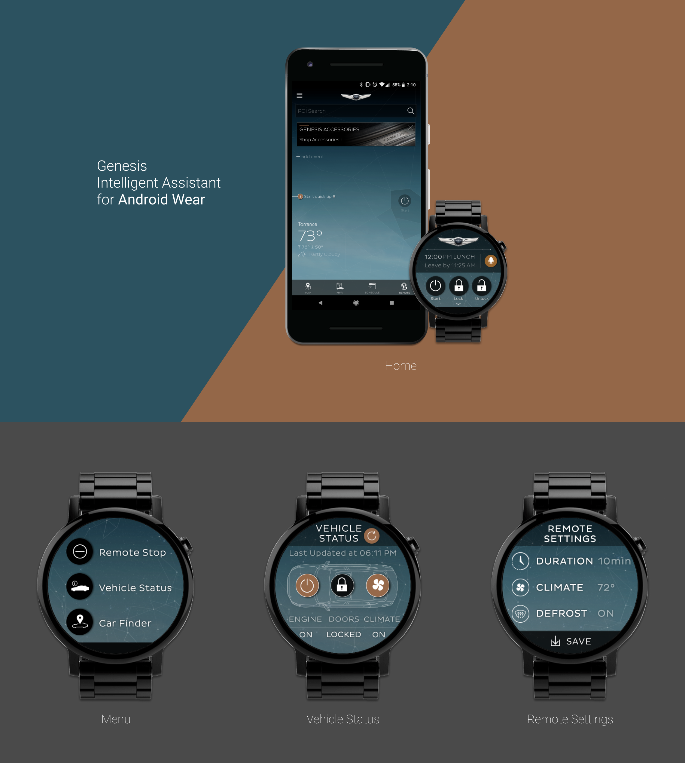 An advertisement for Genesis Intelligent Assistant for Android Wear showing a smartphone and a smartwatch with app interfaces for vehicle control and status, presented against a background split diagonally into teal and brown sections.